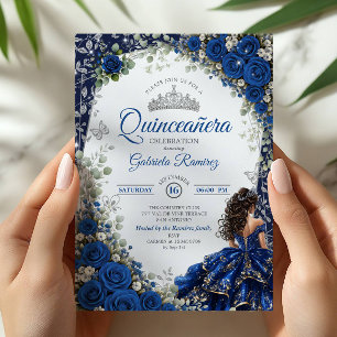 Elegant Royal Blue and Silver Roses Quinceañera Invitation