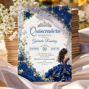 Elegant Royal Blue and Silver Roses Quinceañera Invitation