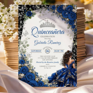 Elegant Royal Blue and Silver Roses Quinceañera Invitation