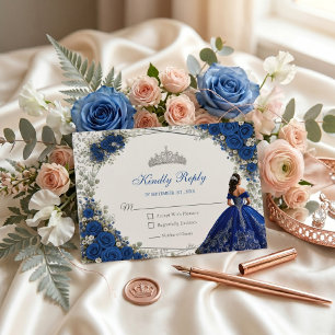 Elegant Royal Blue and Silver Roses Quinceañera RSVP Card