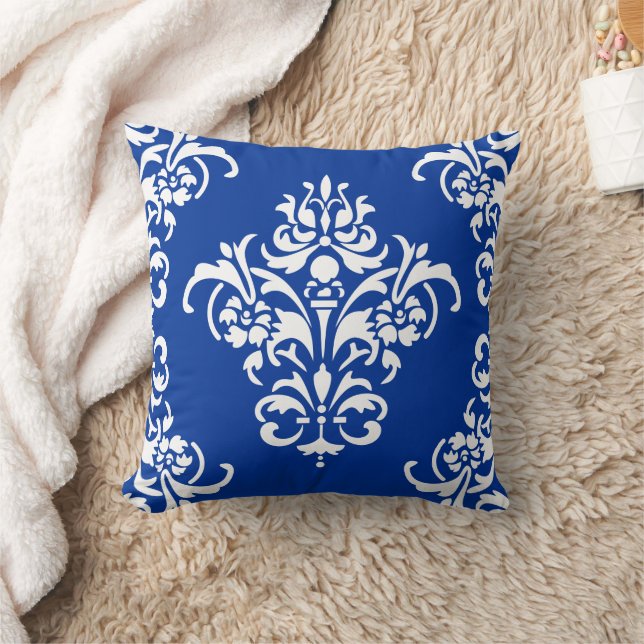 Elegant Royal Blue and White Damask Cushion (Blanket)