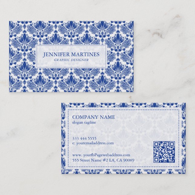 Elegant Royal Blue And White Damasks Pattern Business Card (Front/Back)