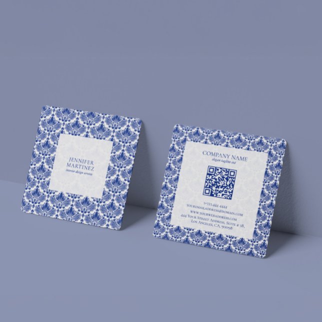 Elegant Royal Blue And White Damasks Pattern Square Business Card (Creator Uploaded)