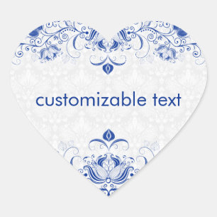 Elegant Royal Blue And White Damasks & Swirls 2 Heart Sticker