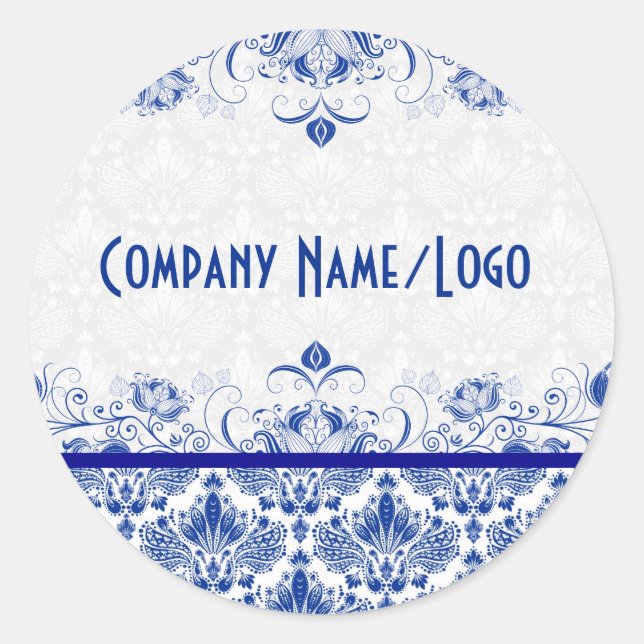 Elegant Royal Blue And White Damasks & Swirls Classic Round Sticker (Front)