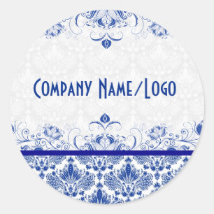 Elegant Royal Blue And White Damasks & Swirls Classic Round Sticker