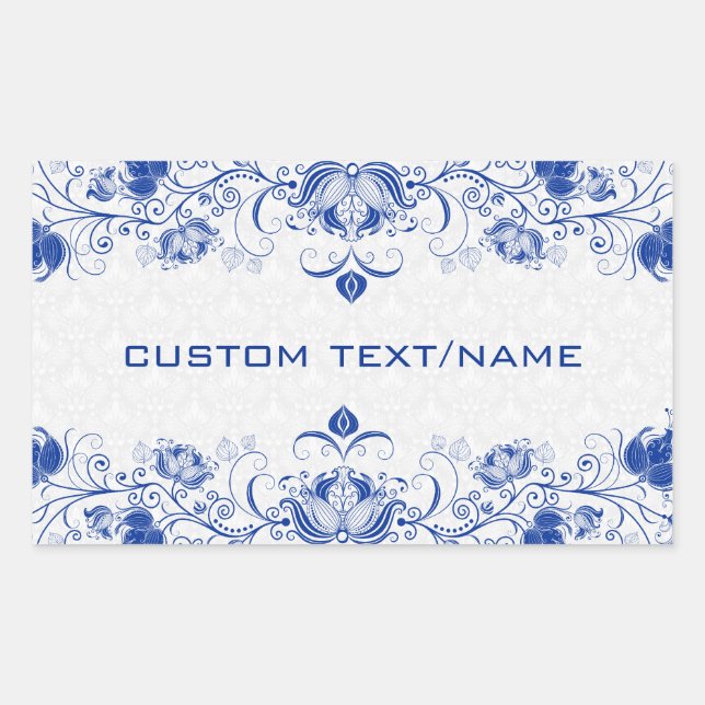 Elegant Royal Blue And White Damasks & Swirls Rectangular Sticker (Front)