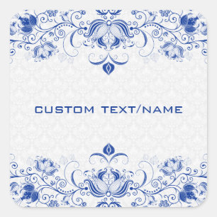 Elegant Royal Blue And White Damasks & Swirls Square Sticker