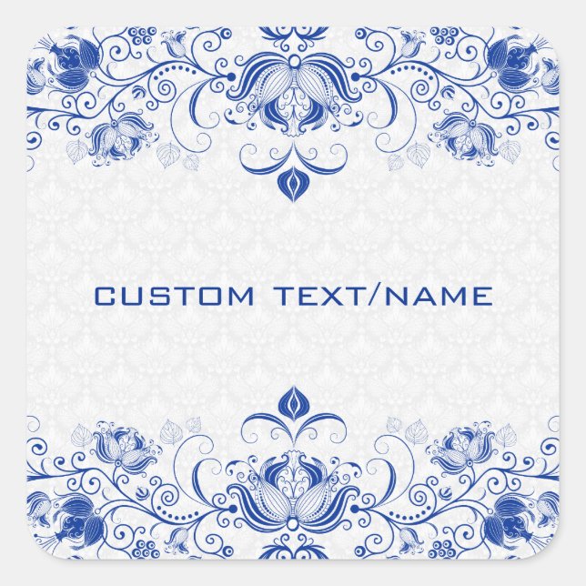 Elegant Royal Blue And White Damasks & Swirls Square Sticker (Front)