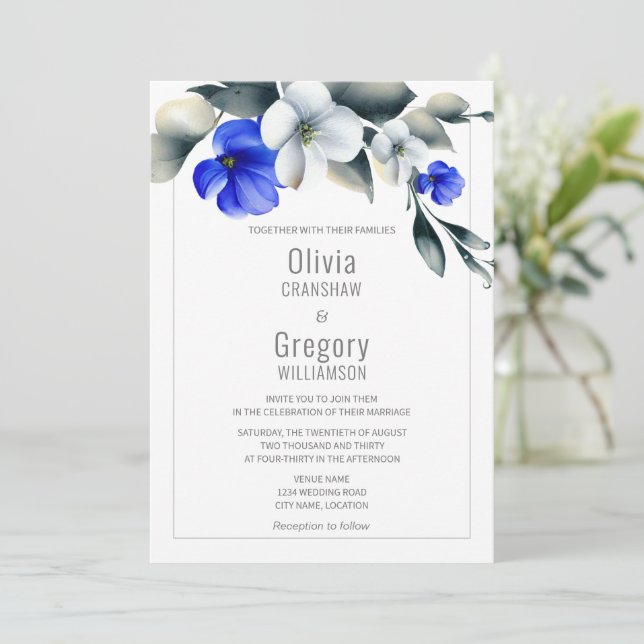 Elegant Royal Blue and White Floral Invitation (Standing Front)