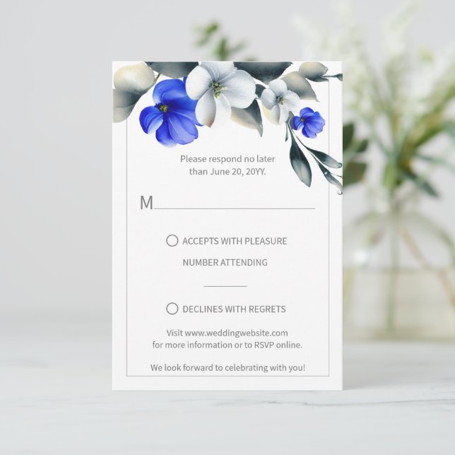 Elegant Royal Blue and White Floral RSVP Card (Standing Front)