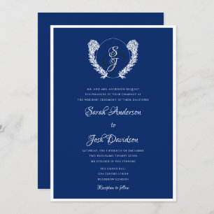 Elegant Royal Blue and White Monogram Invitation