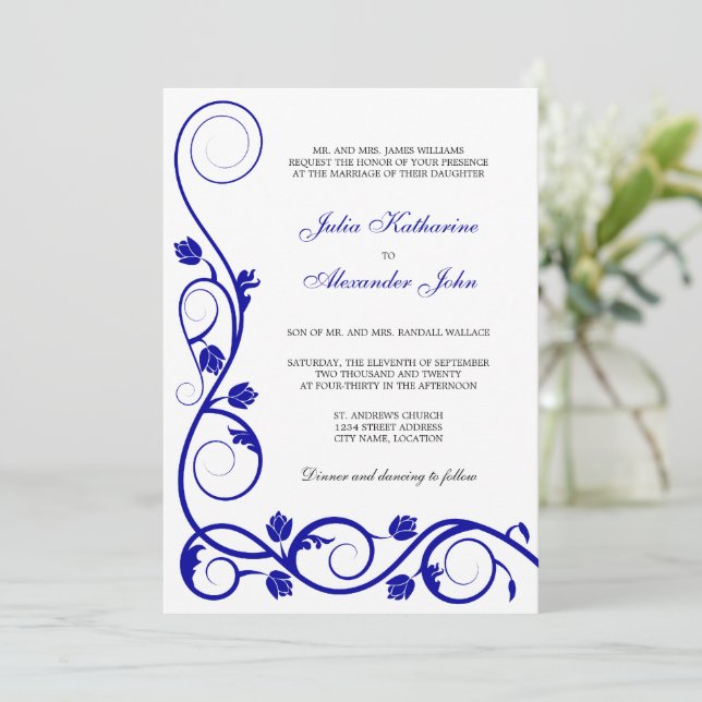 Elegant Royal Blue and White Swirls Invitation (Standing Front)