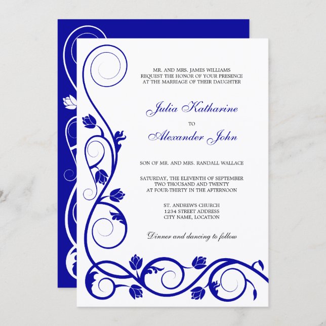 Elegant Royal Blue and White Swirls Invitation (Front/Back)