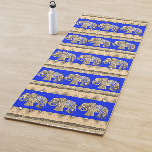 Elegant Royal Blue Batik Tribal Indian Elephants Yoga Mat