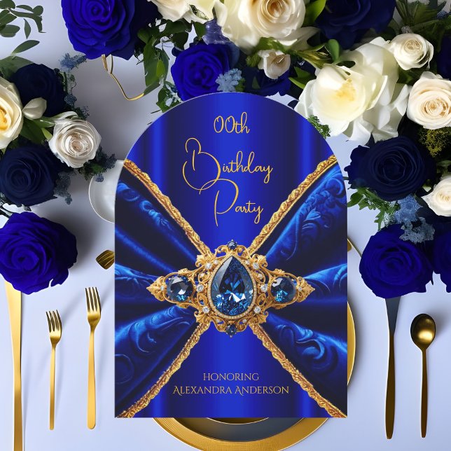 Elegant Royal Blue Birthday Gold Jewel Faux Velvet Invitation (Creator Uploaded)