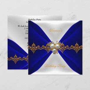 Elegant Royal Blue Birthday Gold Jewel White Silk Invitation