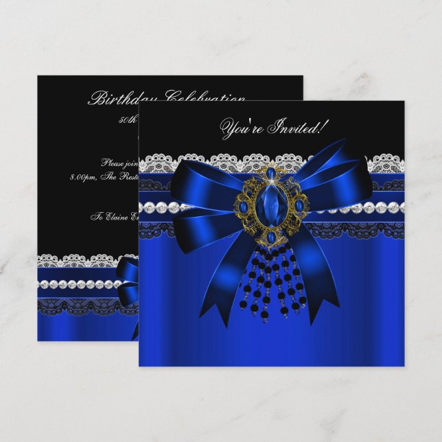 Elegant Royal Blue Black Diamond Gold Lace Party 2 Invitation (Front/Back)
