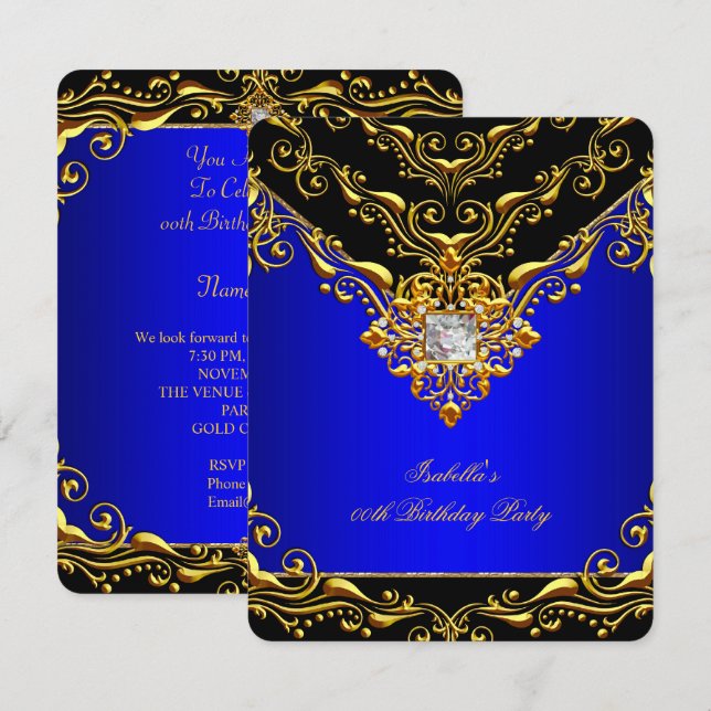Elegant Royal Blue Black on Gold Birthday Party Invitation (Front/Back)