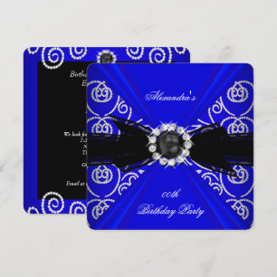 Elegant Royal Blue Black Pearl Bow Birthday Party Invitation
