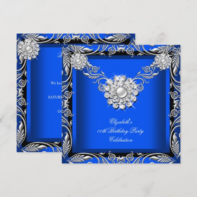 Elegant Royal Blue Black Silver Birthday Party Invitation (Front/Back)