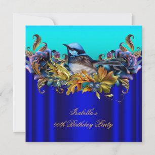 Elegant Royal Blue Bluebird Teal Gold Birthday Invitation