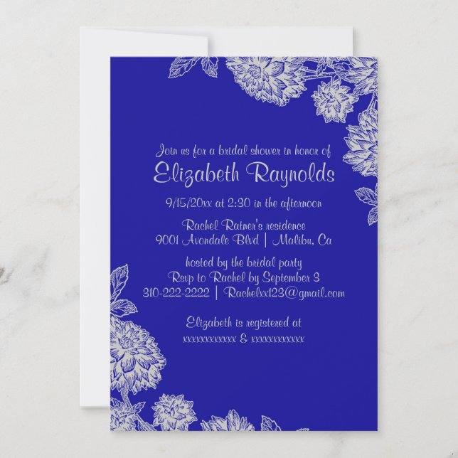 Elegant Royal Blue Bridal Shower Invitations (Front)
