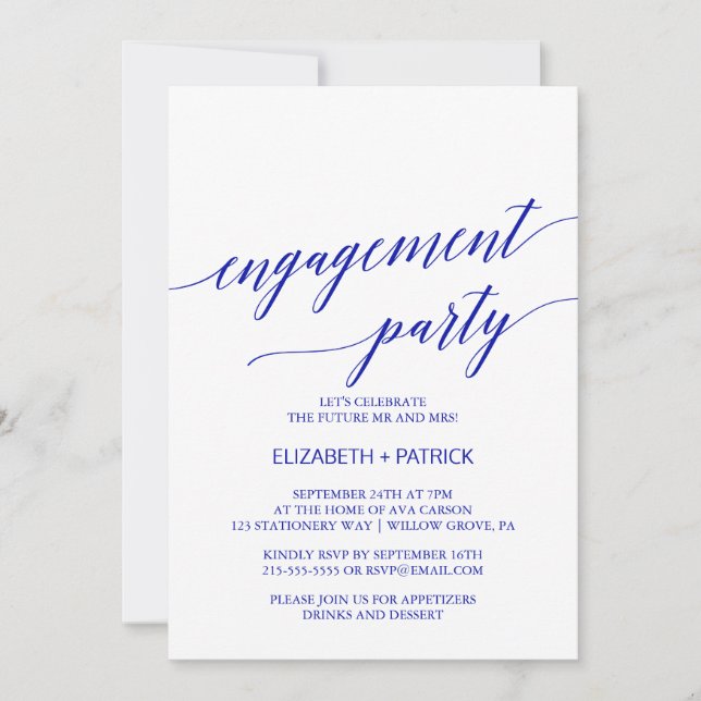 Elegant Royal Blue Calligraphy Engagement Party Invitation (Front)