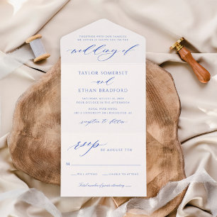 Elegant Royal Blue Calligraphy Script Wedding All In One Invitation