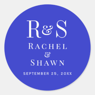 Elegant Royal Blue Chic Modern Monogram Wedding Classic Round Sticker