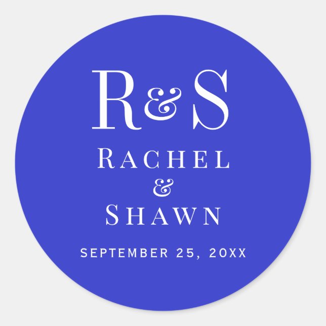 Elegant Royal Blue Chic Modern Monogram Wedding Classic Round Sticker (Front)