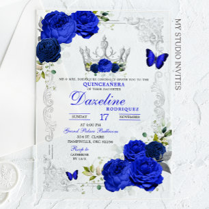 Elegant Royal Blue Crown Quinceanera Acrylic Invitations
