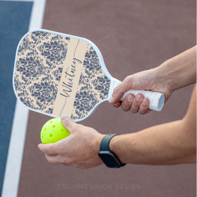 Elegant Royal Blue Damask Floral Pickleball Paddle (Personalized Pickleball Paddle)