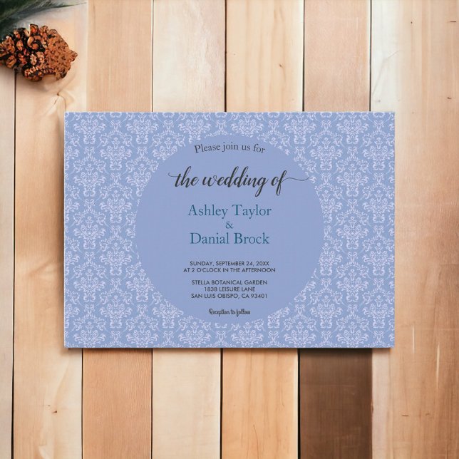 Elegant Royal Blue Damask Script Classic Wedding Invitation (Creator Uploaded)