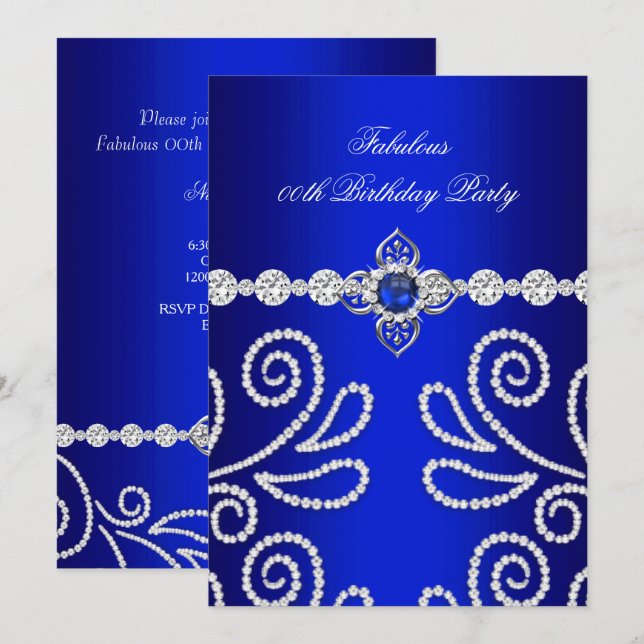Elegant Royal Blue Diamond Pearl Birthday Party 2 Invitation (Front/Back)