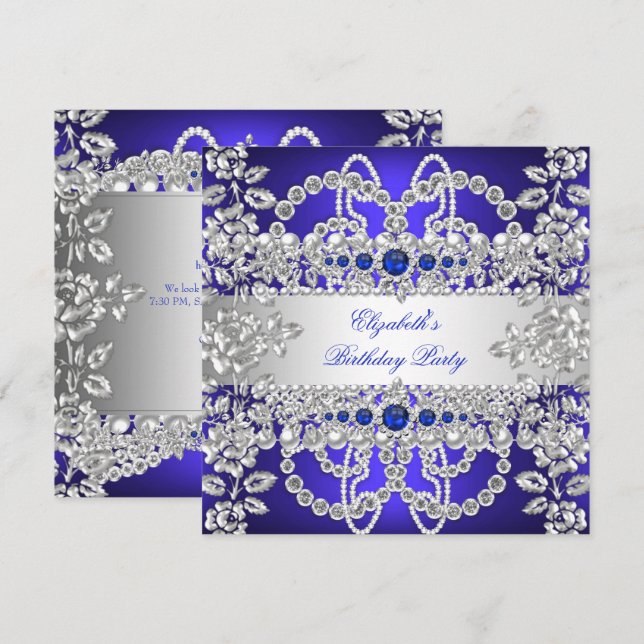 Elegant Royal Blue Diamonds Silver Floral Birthday Invitation (Front/Back)