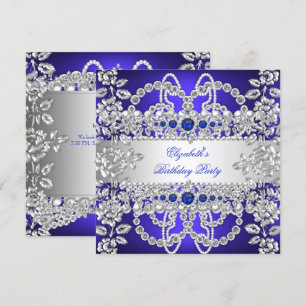 Elegant Royal Blue Diamonds Silver Floral Birthday Invitation