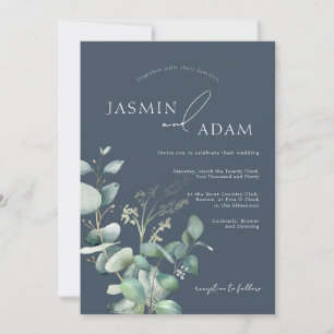Elegant Royal Blue Eucalyptus Monogram Wedding Invitation