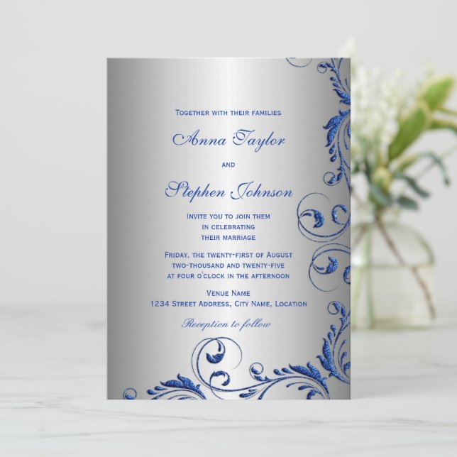 Elegant Royal Blue Faux Glitter Floral Swirls Invitation (Standing Front)