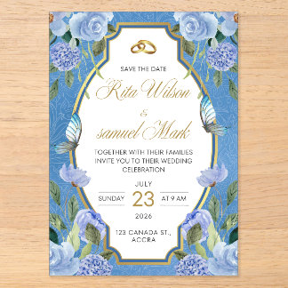 Elegant Royal Blue Floral and Gold Acrylic Invitations