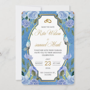 Elegant Royal Blue Floral and Gold Invitation