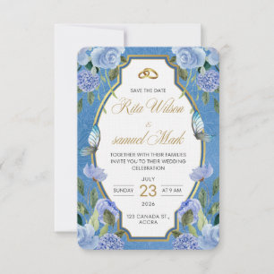 Elegant Royal Blue Floral and Gold Save The Date