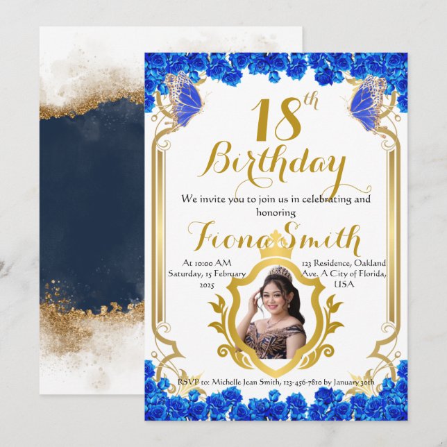 Elegant Royal Blue Floral Birthday Invitation Card (Front/Back)