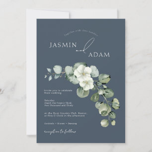 Elegant Royal Blue Floral Eucalyptus Wedding Invitation