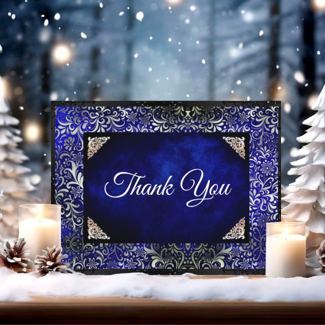 Elegant royal blue floral faux silver  thank you card (Creator Uploaded)