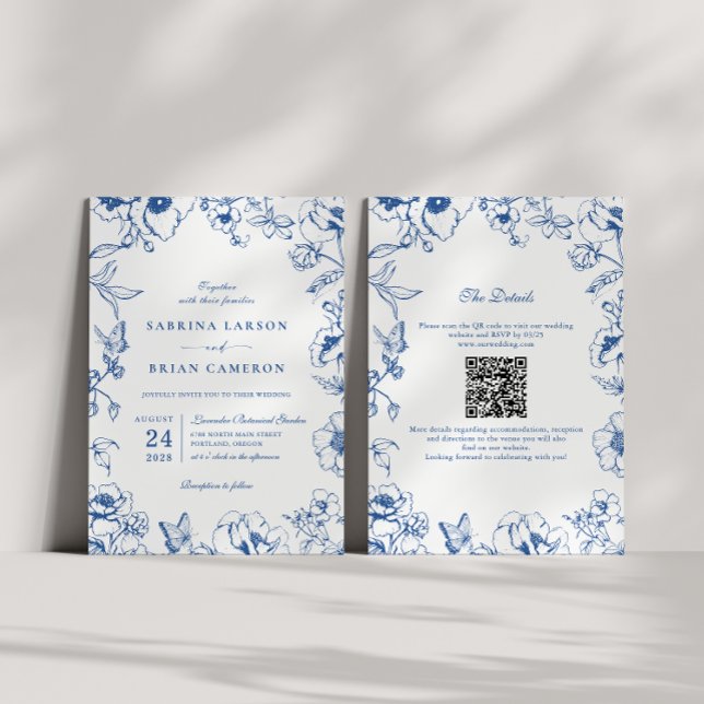 Elegant Royal Blue Floral Garden QR Code Wedding Invitation (Creator Uploaded)