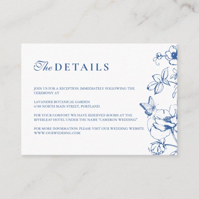 Elegant Royal Blue Floral Garden Wedding Details Enclosure Card (Front)
