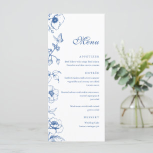 Elegant Royal Blue Floral Garden Wedding Flat Menu