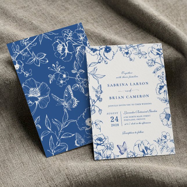 Elegant Royal Blue Floral Garden Wedding Invitation (Creator Uploaded)
