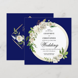 Elegant Royal Blue Floral Gold Wedding Square Invitation